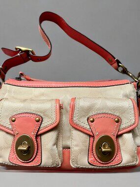 Coach Legacy Pink Leather Tan Canvas Double Turnlock Shoulder Bag F13102